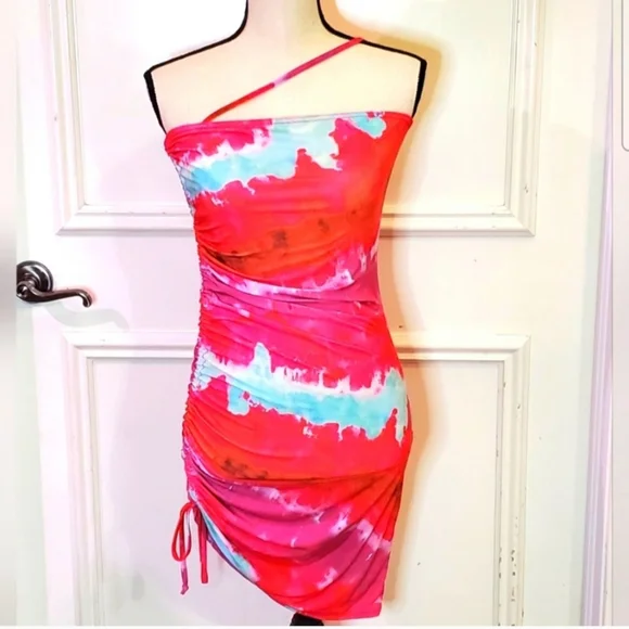 Pretty Little Thing Pink Multi Asymmetric Strap Ruched Bodycon Dress, Size 6 - Picture 8 of 16